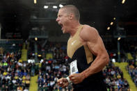 Trey Hardee reacts after competing in the shot put portion of the decathlon during Day One of the 2012 U.S. Olympic Track & Field Team Trials at Hayward Field on June 22, 2012 in Eugene, Oregon. (Photo by Christian Petersen/Getty Images)