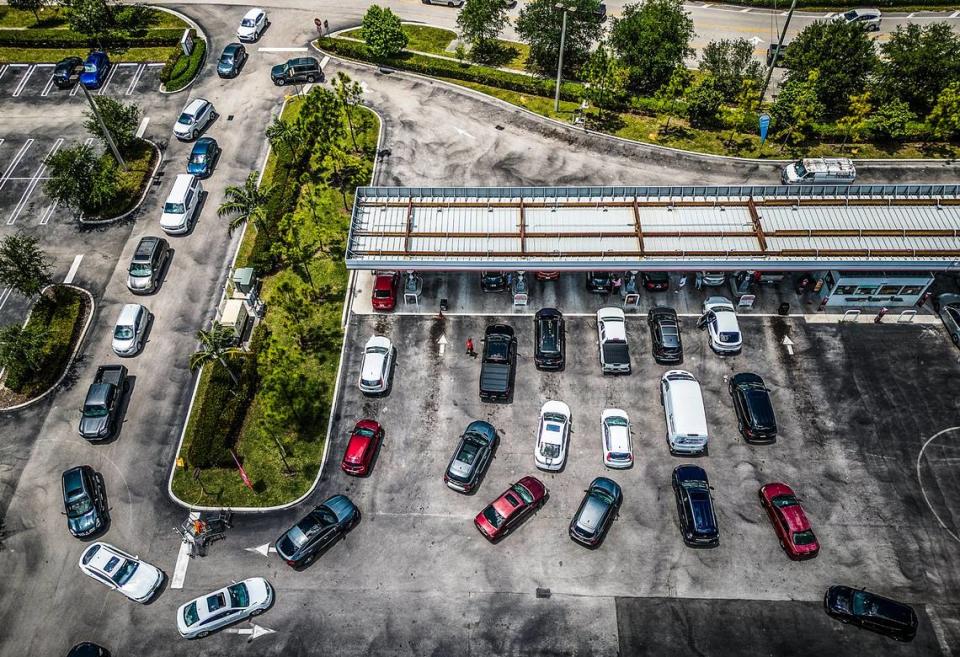 Long lines of car are seen at the BJ’s Wholesale Club gas station located at 7050 Coral Way in Miami, FL, due to a shortage of fuel resulting from the floods on April 12 that disrupted operations at Port Everglades, the Broward County facility that is the hub for about 40% of the gasoline into Florida and serves 12 counties south of Lake Okeechobee, including Miami-Dade, Broward, the Keys and Palm Beach County. On Tuesday April 18, 2023.