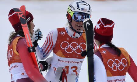 Alpine Skiing - Pyeongchang 2018 Winter Olympics - Women's Alpine Combined - Jeongseon Alpine Centre - Pyeongchang, South Korea - February 22, 2018 - Michelle Gisin of Switzerland, Lindsey Vonn of the U.S. and Wendy Holdener of Switzerland are seen during the the Women's Slalom part of the Women's Alpine Combined. REUTERS/Toby Melville