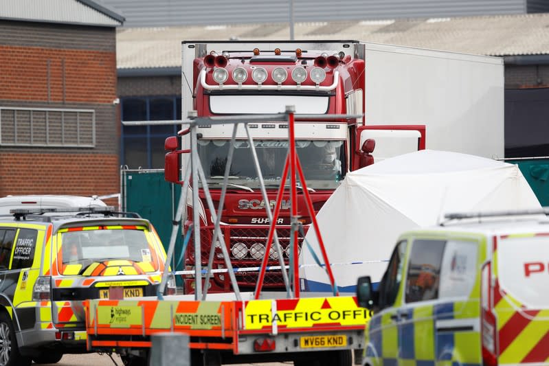 The scene where bodies were discovered in a lorry container, in Grays, Essex