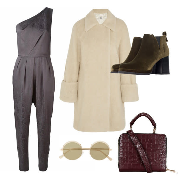 Velvet Booties, Zara $100 Faux Shearling Coat, Maison Martin Margiela $965 Round-Frame Sunglasses, Le Specs $120 Boxy Bag, Topshop $58