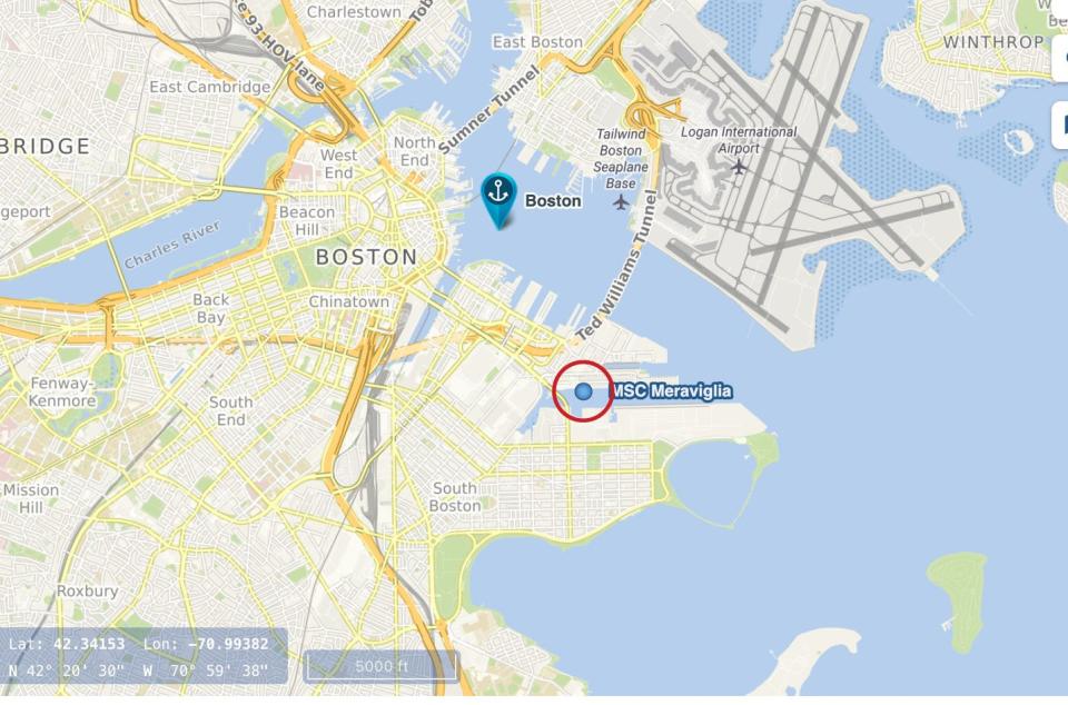 A screenshot of CruiseMapper website shows an MSC Meraviglia ship docked in Boston.