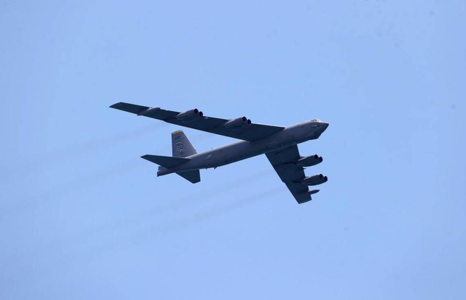 USAF B-2 Bomber flies over South Beach during the Hyundai Air & Sea Show 2023 in Miami Beach on Saturday, May 27, 2023.