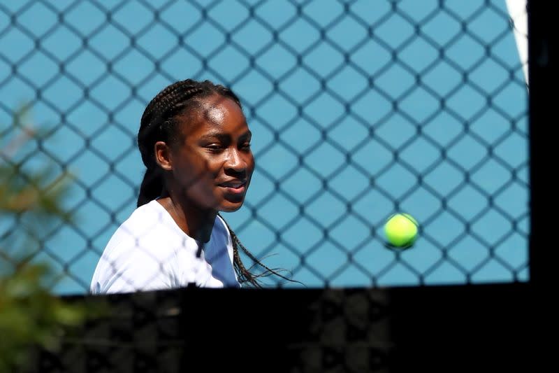 Tennis player Coco Gauff trains in advance of the Australian Open in Melbourne