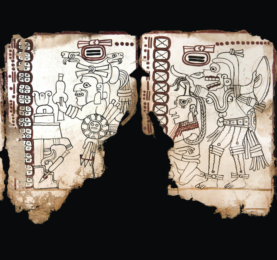 This undated photo released by Mexico's National Anthropology and History Institute (INAH) shows an ancient Maya pictographic text that has been judged authentic by scholars in Mexico City. The INAH says it was made between 1021 and 1154 A.D., is the oldest known pre-Hispanic text, and will now be known as the "Mexico Maya Codex." (INAH via AP)