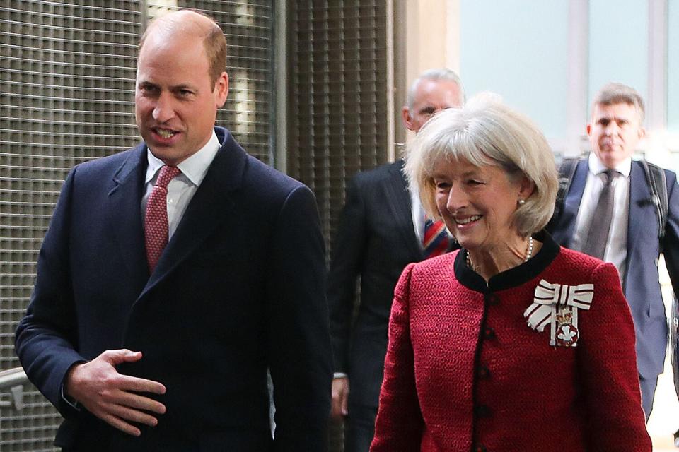 Prince William (L), Prince of Wales, arrives with Lord-Lieutenant of South Glamorgan Morfudd Meredith to visit the Senedd in Cardiff