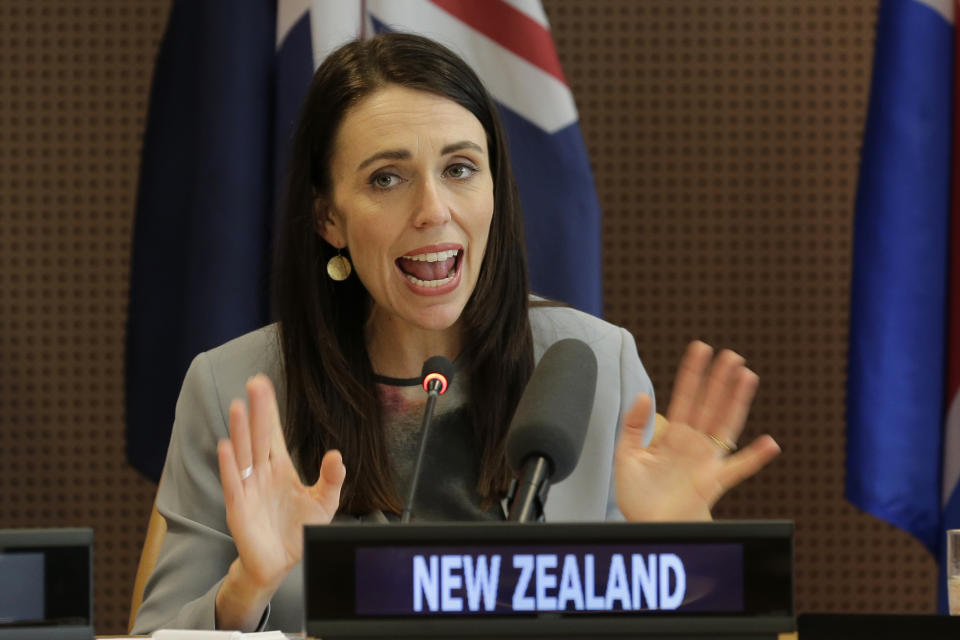 FILE - In this Sept. 25, 2019, file photo, New Zealand's Prime Minister Jacinda Ardern speaks at a press event at U.N. headquarters. Ardern said Tuesday, Jan. 28, 2020 that New Zealand's general election will be held on Sept. 19. (AP Photo/Seth Wenig, File)