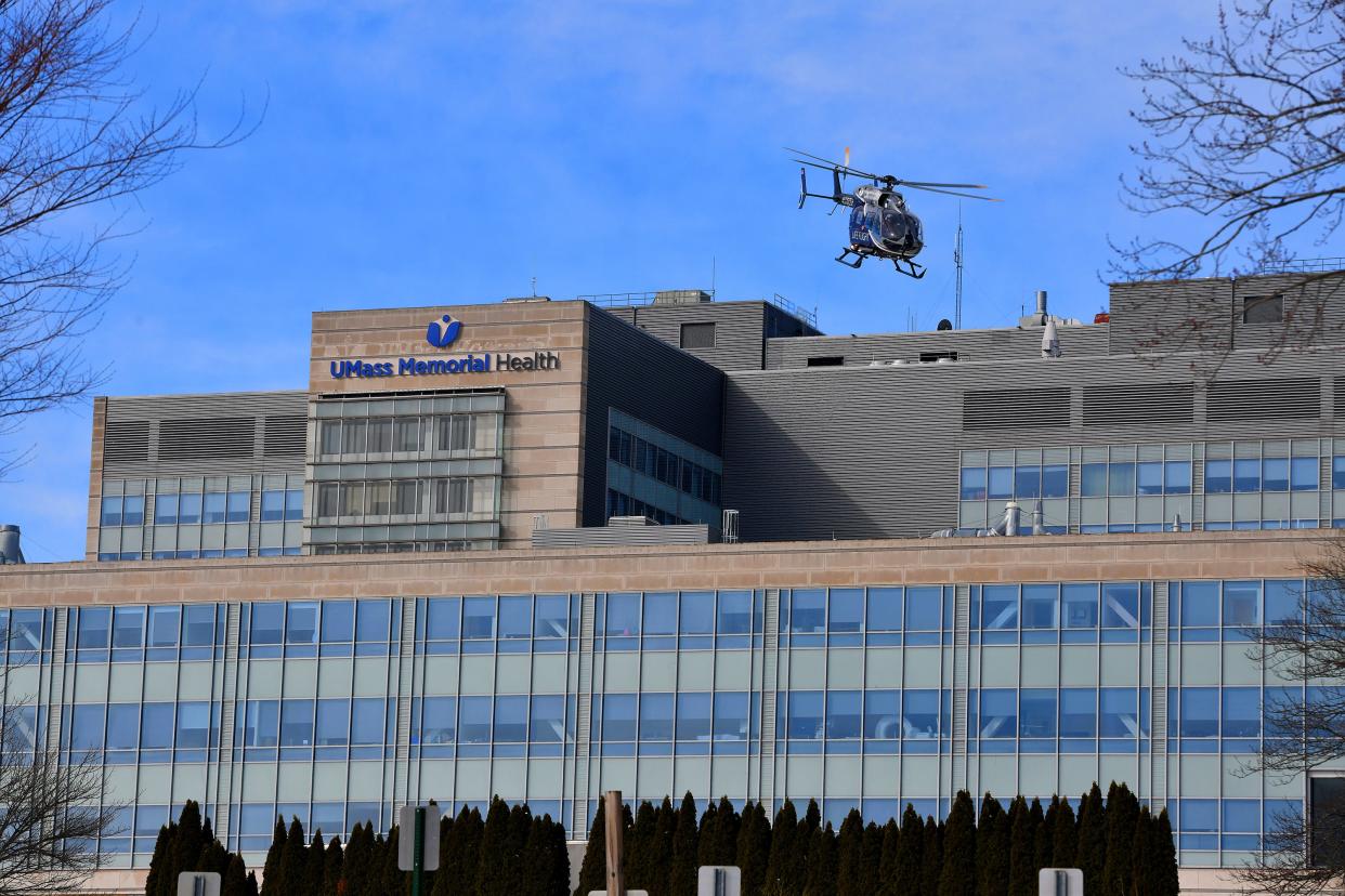 A Life Flight helicopter takes off from UMass Memorial Medical Center on Lake Avenue.