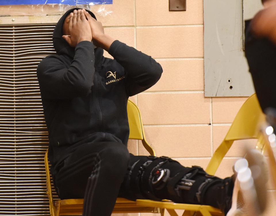 Quaker Valley's Adou Thiero reacts to his team's loss to North Catholic on March 8, 2021, at Quaker Valley. The junior standout was sidelined with a knee injury.