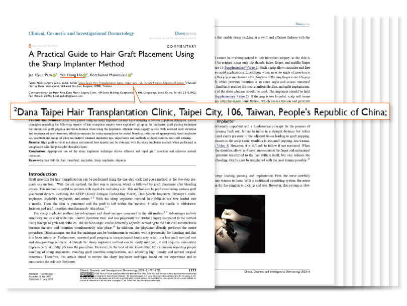 多娜台北植髮診所賀業宏院長與韓國多娜院長Dr. Park JH合作發表論文