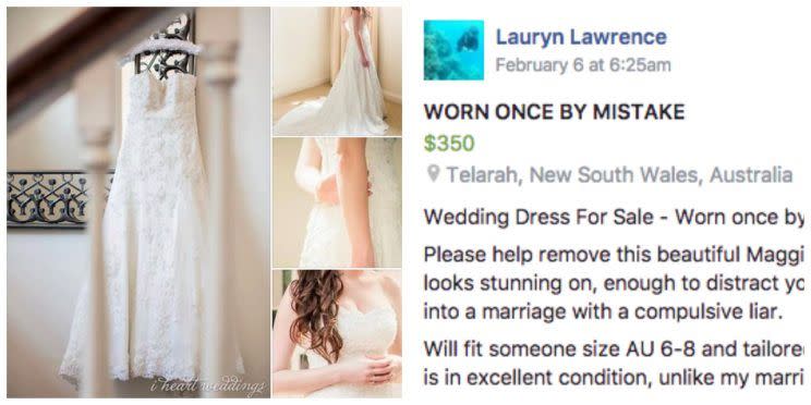 Dans sa publication Facebook, Lauryn s’attaque à son mari « menteur compulsif ». (Photo : Facebook/Newcastle Australia Wedding Buy+Swap+Sell)