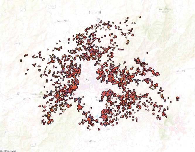 A map of short-term vacation rentals available in Buncombe County and outside of Asheville city limits, according to AirDNA.