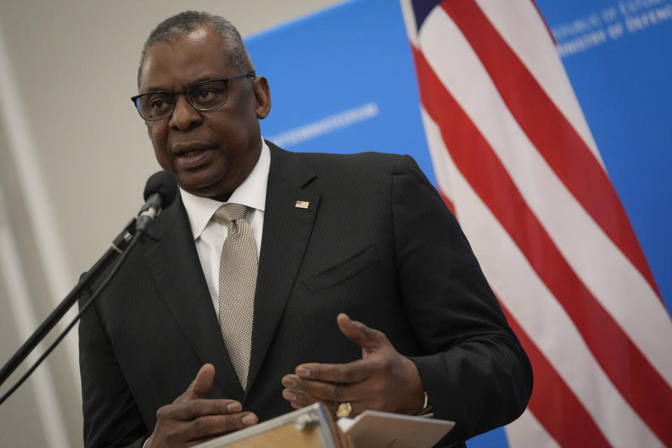 United States Secretary of Defense Lloyd Austin attends a joint press conference with Estonian Defense Minister Hanno Pevkur at the Ministry of Defense after their meeting in Tallinn, Estonia, Thursday, Feb. 16, 2023. (AP Photo/Sergei Grits)