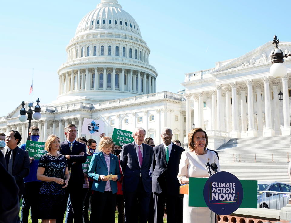 House Speaker Nancy Pelosi speaks at an event on climate change outside the U.S. Capitol on October 20, 2021. (Elizabeth Frantz/Reuters)