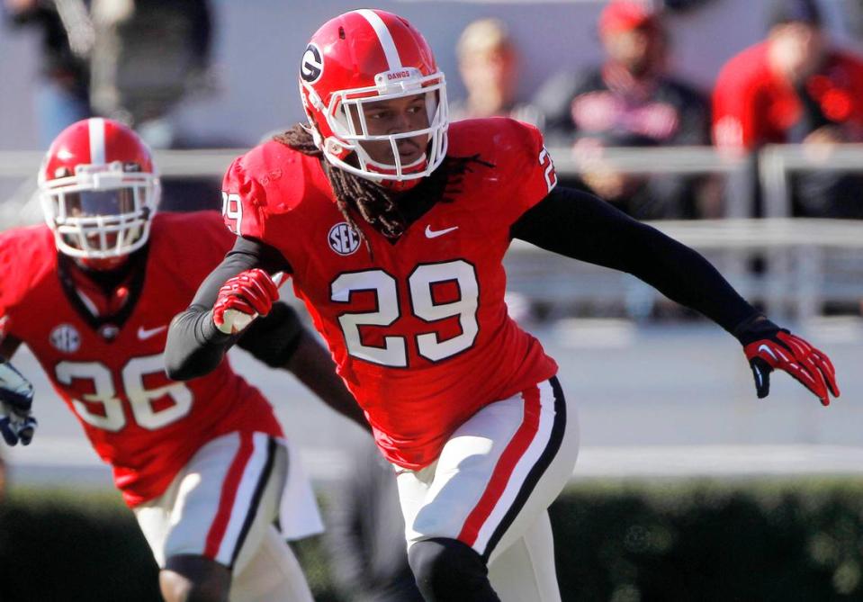 In this Nov. 17, 2012, file photo, Georgia linebacker Jarvis Jones (29) follows the action during an NCAA college football game against Georgia Southern in Athens, Ga.