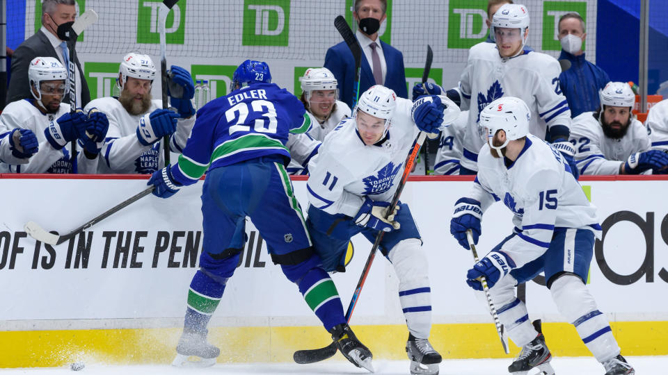 Vancouver Canucks defenseman Alex Edler has been suspended two games for a knee-on-knee hit on Toronto Maple Leafs forward Zach Hyman. (Derek Cain/Icon Sportswire via Getty Images)