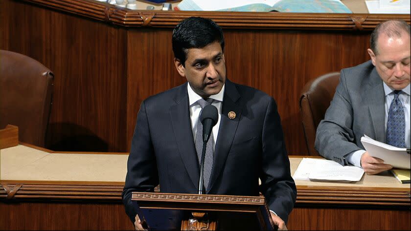 Rep. Ro Khanna, D-Calif., speaks as the House of Representatives debates the articles of impeachment against President Donald Trump at the Capitol in Washington, Wednesday, Dec. 18, 2019. (House Television via AP)