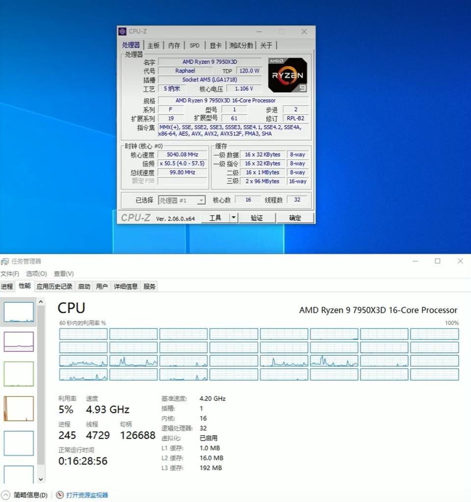 Windows Task Manager and CPU-Z report on AMD Ryzen 9 7950X3D CPU