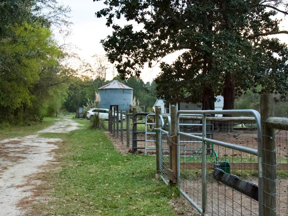 View of animal pens on a green plot of land