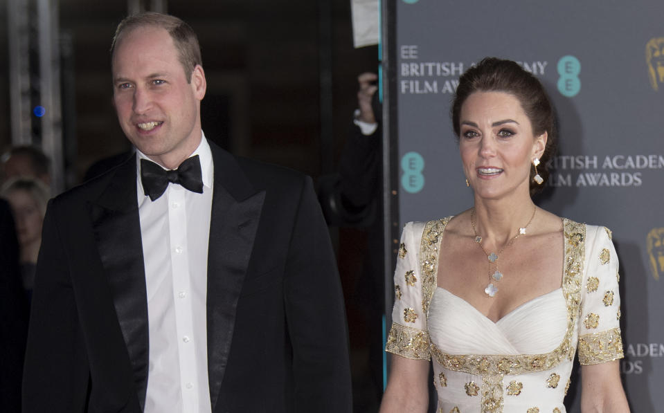 LONDON, ENGLAND - FEBRUARY 02: Prince William, Duke of Cambridge and Catherine, Duchess of Cambridge attend the EE British Academy Film Awards 2020 at Royal Albert Hall on February 2, 2020 in London, England. (Photo by Mark Cuthbert/UK Press via Getty Images)