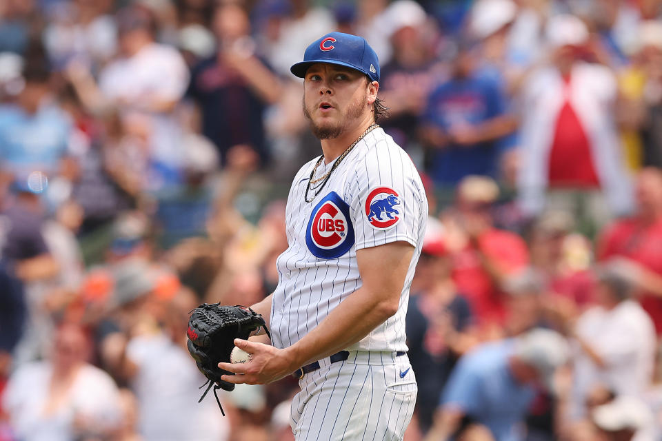 CHICAGO, ILLINOIS - JULY 16: Justin Steele #35 of the Chicago Cubs reacts after allowing a grand slam to Masataka Yoshida #7 of the Boston Red Sox (not pictured) during the fifth inning at Wrigley Field on July 16, 2023 in Chicago, Illinois. (Photo by Michael Reaves/Getty Images)