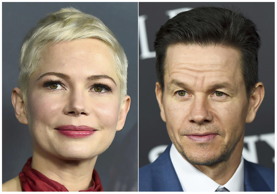 This combination photo shows Michelle Williams, left, and Mark Wahlberg at the world premiere of "All the Money in the World" in Beverly Hills, Calif. Williams received less than $1,000 vs Mark Wahlberg's $1.5 million for reshoots on the film. (Photos by Jordan Strauss/Invision/AP)