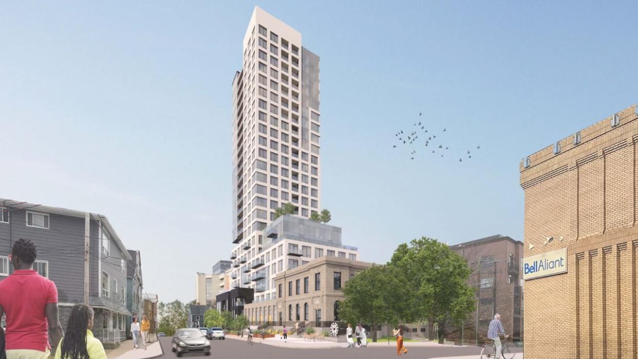 A rendering shows the 26-storey residential tower, townhomes and renovated former post office development on Queen Street in downtown Dartmouth. The project will create about 140 units. (RHAD Architects - image credit)