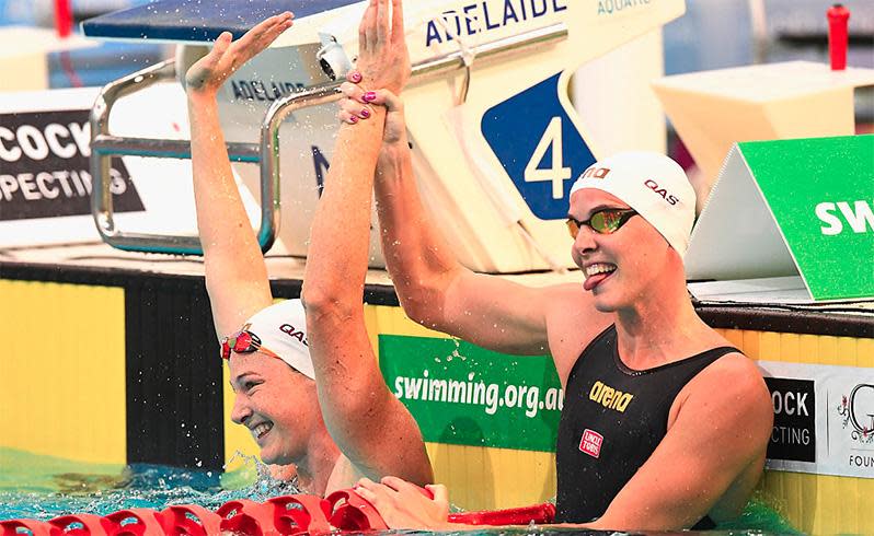 Cate is congratulated by Bronte after winning the women's 50 metre freestyle at the 2016 Australian Swimming Championships in South Australia in April. Photo: Getty