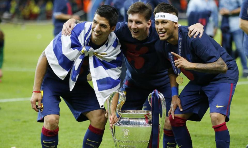 Luis Suárez, Lionel Messi and Neymar after winning the Champions League in 2015.