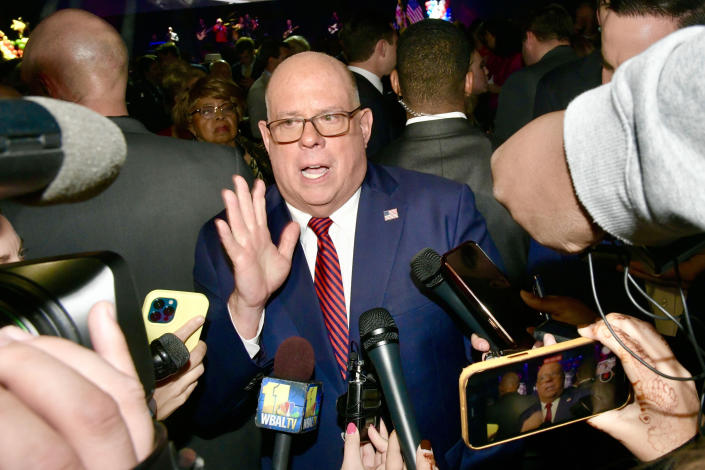 Maryland Gov. Larry Hogan speaks to the media at a fundraising event on Nov. 30 in Arundel Mills, Md. 