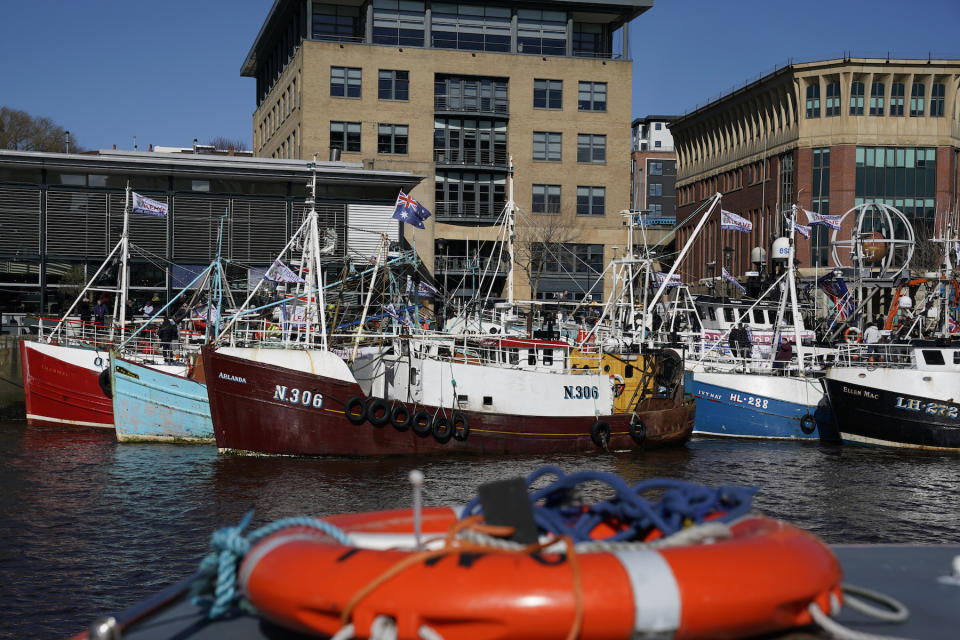 Fishing vessels display pro-Brexit flags during a protest at Newcastle Quayside earlier this year (Picture: PA)