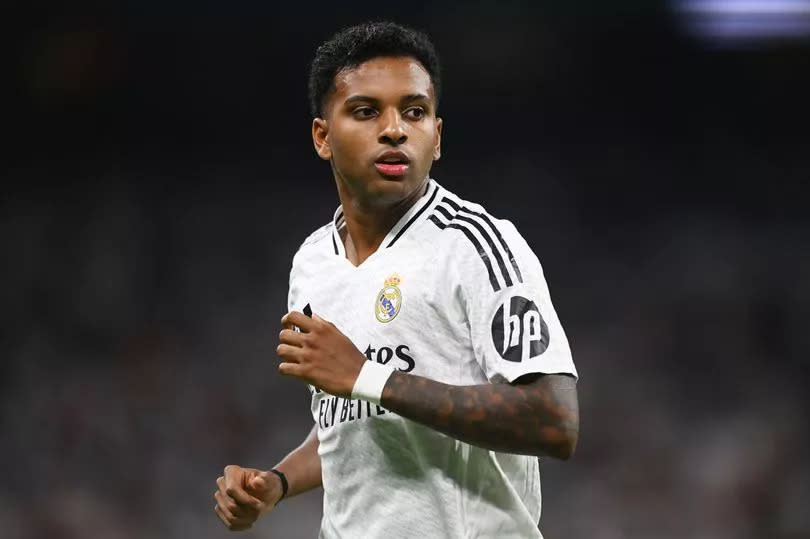 MADRID, SPAIN - SEPTEMBER 24: Rodrygo of Real Madrid looks on during the LaLiga match between Real Madrid CF and Deportivo Alaves  at Estadio Santiago Bernabeu on September 24, 2024 in Madrid, Spain.