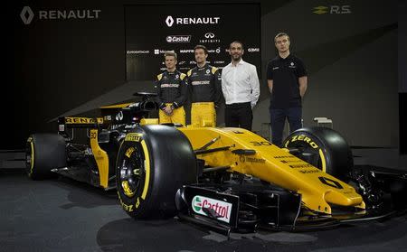 Britain Formula One - F1 - 2017 Renault Formula One Car Launch - The Lindley Hall, London - 21/2/17 Renault's Jolyon Palmer, Nico Hulkenberg, test driver Sergey Sirotkin and managing director Cyril Abiteboul during the launch Reuters / Alan Walter Livepic