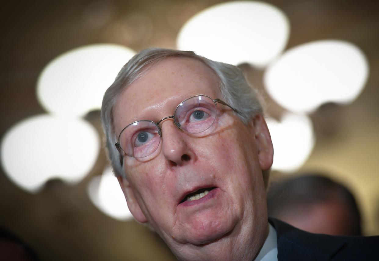 Senate Majority Leader Mitch McConnell, R-KY, speaks to reporters following the Republican policy luncheon at the US Capitol in Washington, DC on September 24, 2019. (Photo by MANDEL NGAN / AFP)        (Photo credit should read MANDEL NGAN/AFP/Getty Images)
