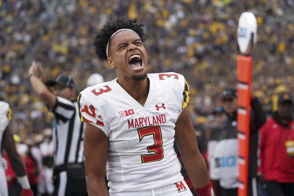 Maryland quarterback Taulia Tagovailoa reacts to a play against Michigan in the first half of an NCAA college football game in Ann Arbor, Mich., Saturday, Sept. 24, 2022. (AP Photo/Paul Sancya)