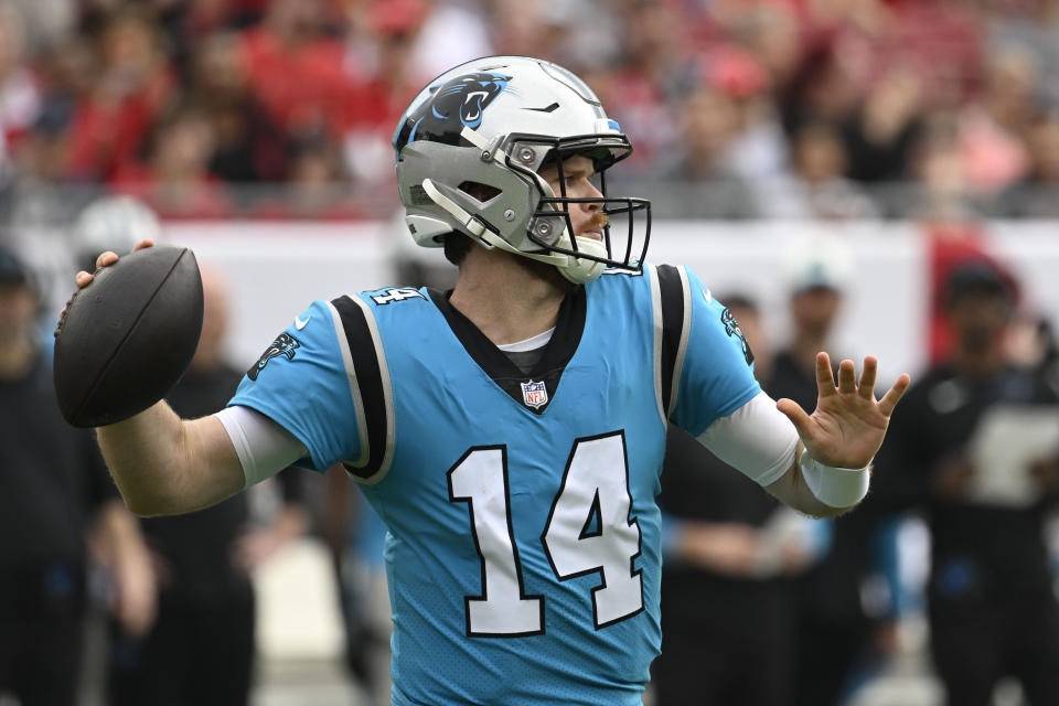 Carolina Panthers quarterback Sam Darnold passes during the first half of an NFL football game between the Carolina Panthers and the Tampa Bay Buccaneers on Sunday, Jan. 1, 2023, in Tampa, Fla. (AP Photo/Jason Behnken)