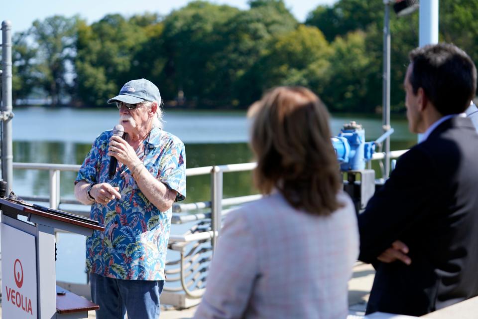 Captain Bill Sheehan, founder of Hackensack Riverkeeper, speaks during the 100th anniversary of the Oradell Reservoir Dam on Wednesday, Sept. 20, 2023, in Oradell.