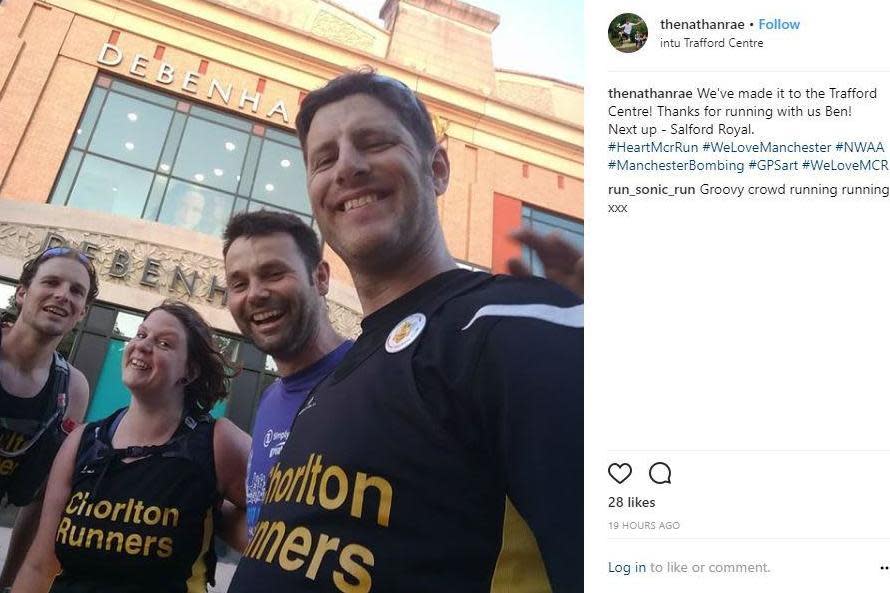 Support: He was joined by runners from his club to help along during the 18-hour marathon (Instagram)