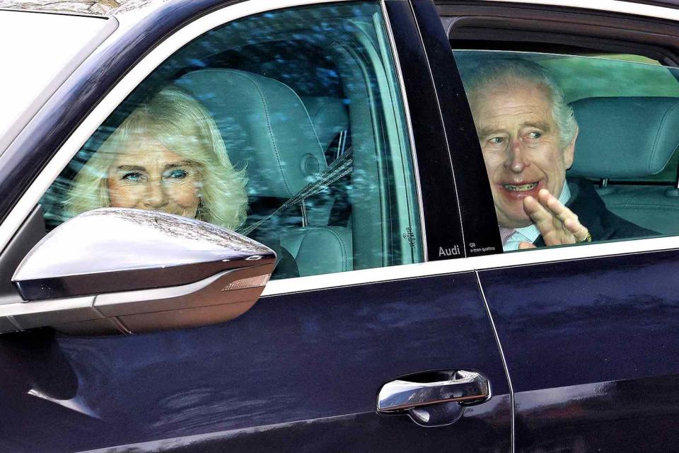 <p>NewsUK/MEGA</p> Queen Camilla and King Charles leave Clarence House in London on April 17, 2024