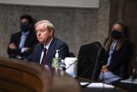 Sen. Lindsey Graham, R-S.C., listens at a hearing with the Senate Appropriations Subcommittee on Labor, Health and Human Services, Education, and Related Agencies, on Capitol Hill in Washington, Wednesday, Sept. 16, 2020. (Anna Moneymaker/New York Times, Pool via AP)