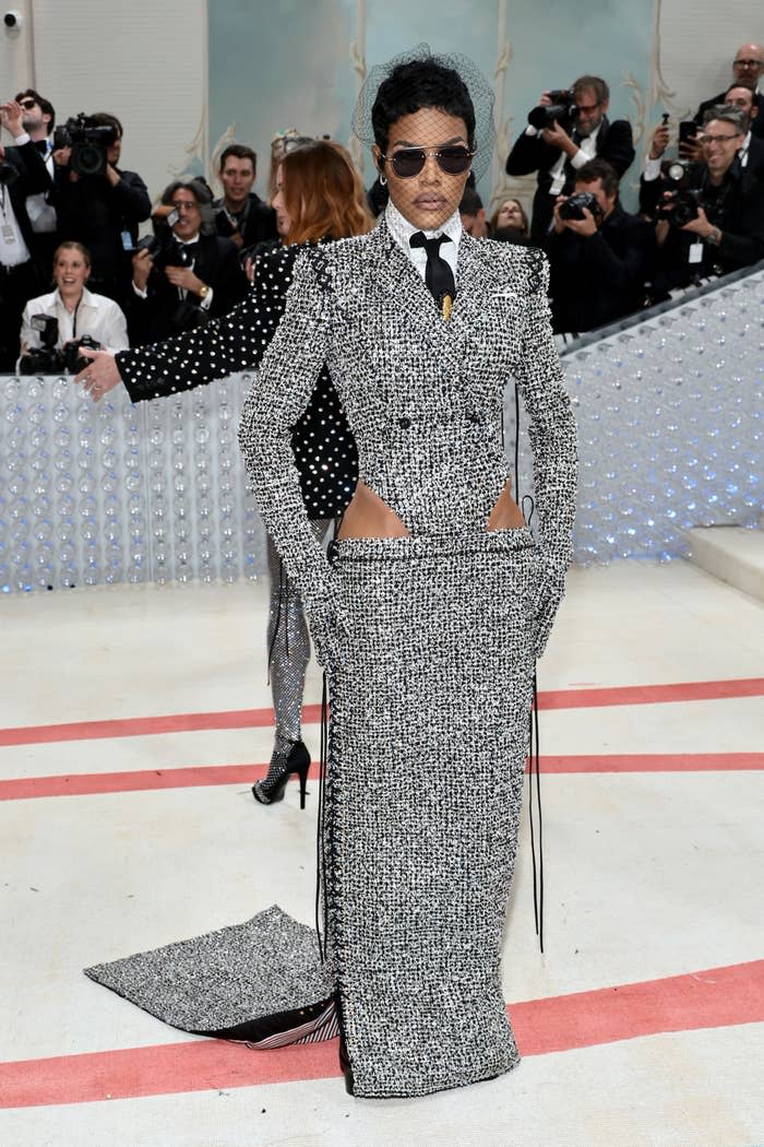 Teyana Taylor at the Met Gala wearing a tweed gown