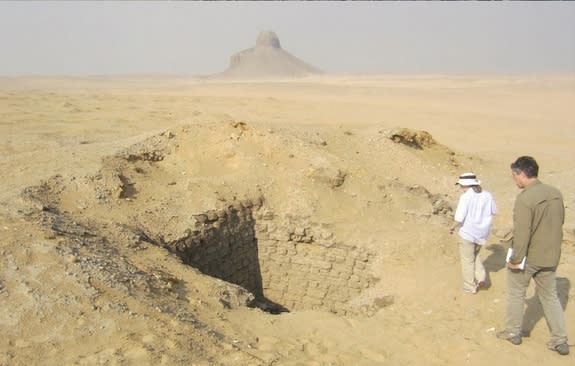 Months after seeing evidence of looting from space, Parcak and her colleagues went to look at the looting pits in Dahshur for themselves. This one was 10 meters (33 feet) deep.