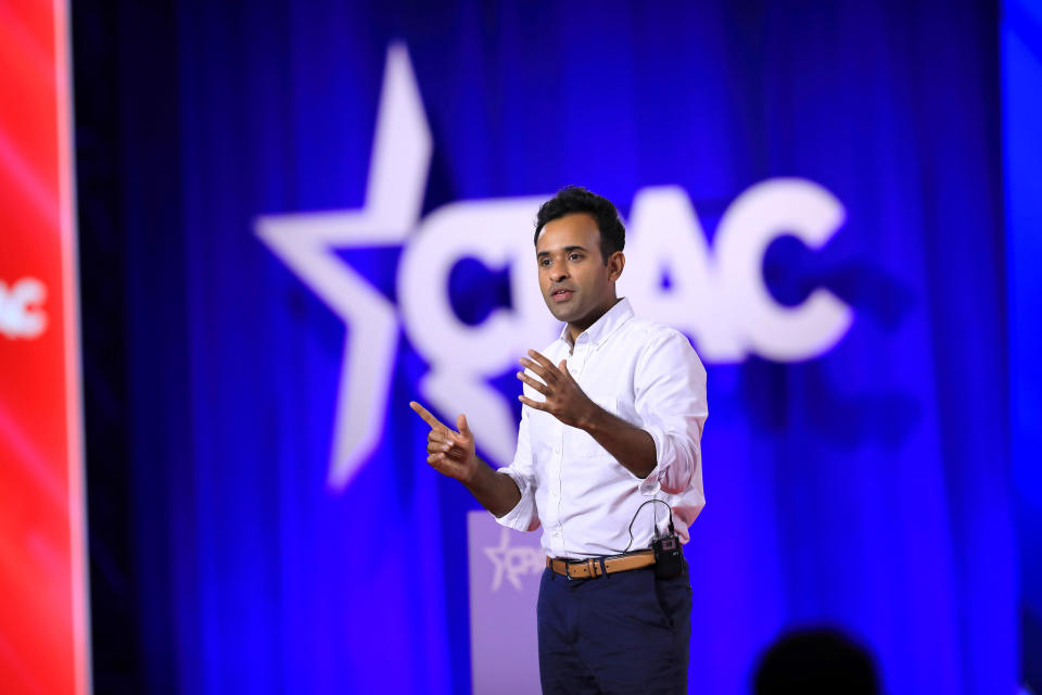 FILE: Vivek Ramaswamy, chairman and founder of Montes Archimedes Acquisition Corp., speaks during CPAC in Dallas, Texas, on Aug. 5, 2022. / Credit: Bloomberg, via Getty Images