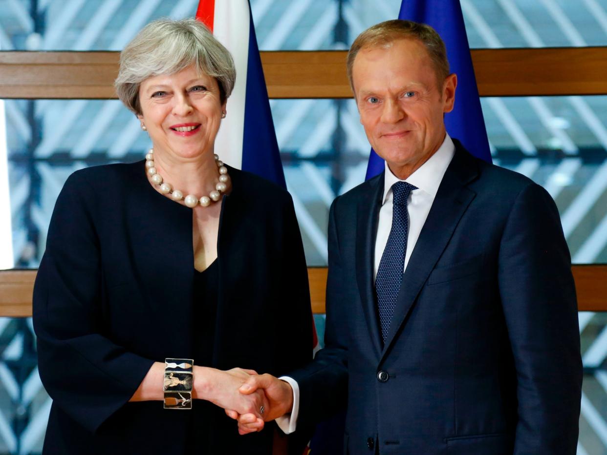 British Prime Minister Theresa May and European Council President Donald Tusk during an EU leaders summit in Brussels: Getty