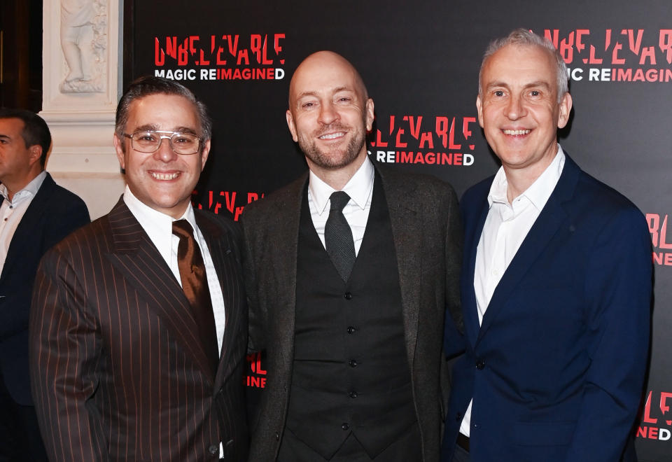 LONDON, ENGLAND - SEPTEMBER 27: (L-R) Andy Nyman, Derren Brown and Andrew O'Connor attend the press night performance of 