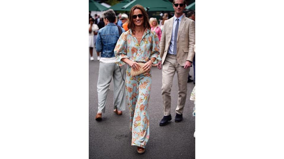 Pippa Middleton in a turquoise suit and James Matthews in a tan suit