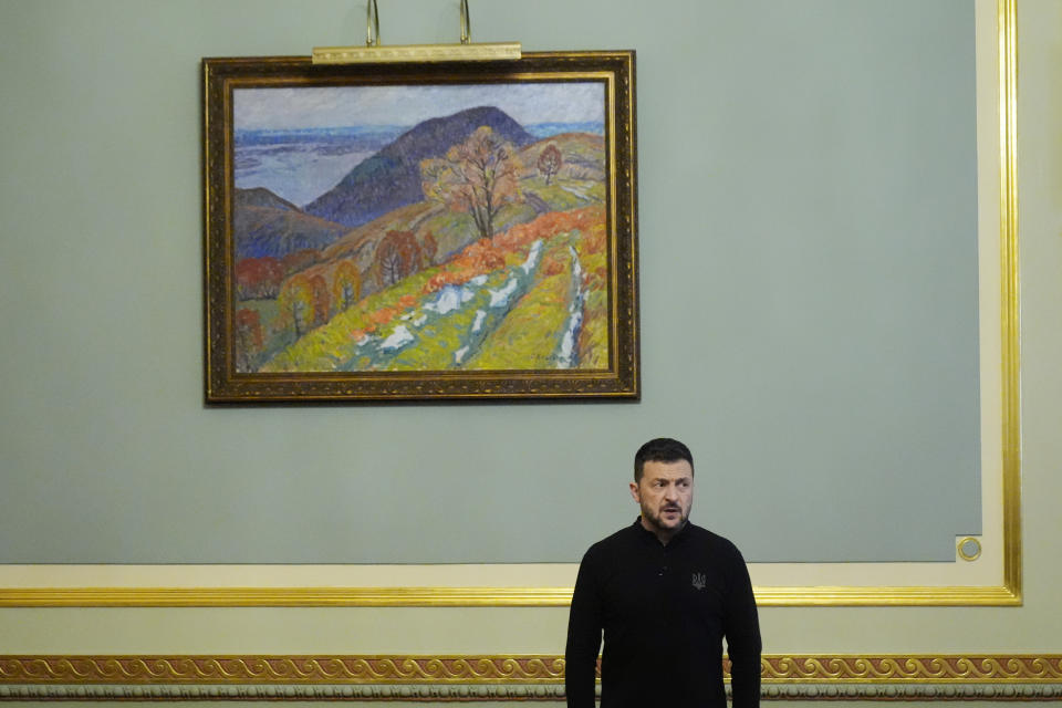 Ukraine's President Volodymyr Zelenskyy prepares to meet U.S. Secretary of State Antony Blinken and Britain's Foreign Secretary David Lammy at the Mariinsky Palace in Kyiv, Ukraine, Wednesday, Sept. 11, 2024. (AP Photo/Mark Schiefelbein, Pool)