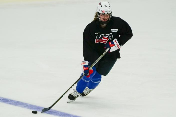 Sydney Morrow practices for the 2022 U.S. U18 Women's World Hockey Championships Saturday, June 11, 2022, in Madison, Wis. Nearly one-third of the players on the U.S. women's hockey team competing in this week’s under-18 World Championships are training at programs outside their home states. (AP Photo/Morry Gash)