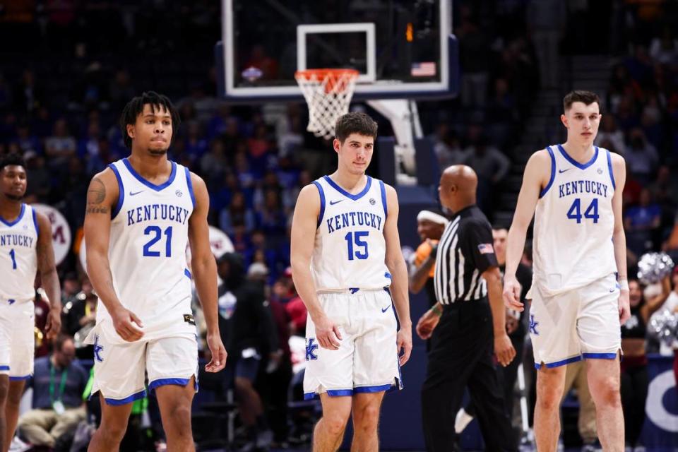 Kentucky basketball players D.J. Wagner, left, Reed Sheppard, center, and Zvonimir Ivisic will have tough decisions to make in the coming weeks.