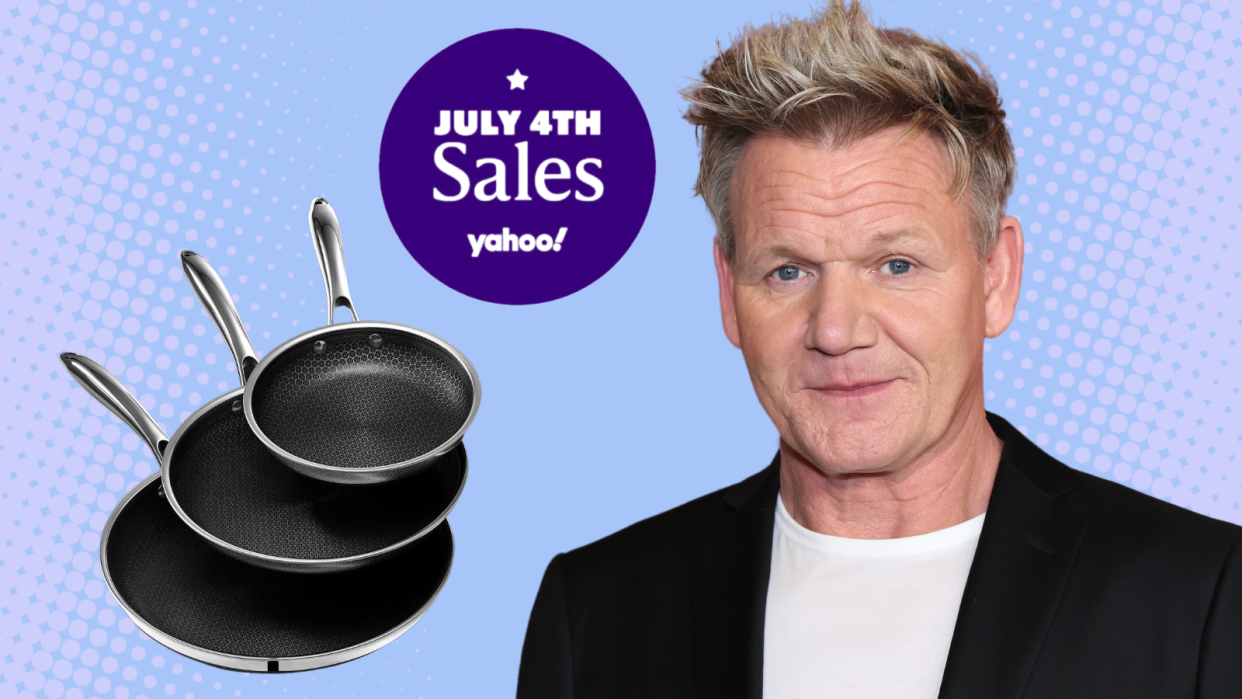 HexClad pans next to a photo of Gordon Ramsay with a purple circle that reads, 